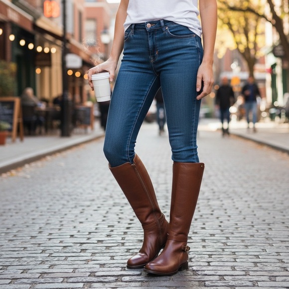 Frye Jordan Strap Cognac Leather Tall Riding Boots - Picture 4 of 15